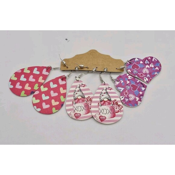 3 Womens Light Weight Faux Leather Dangle Earrings Design Both Sided Heart Gnome - Picture 2 of 4